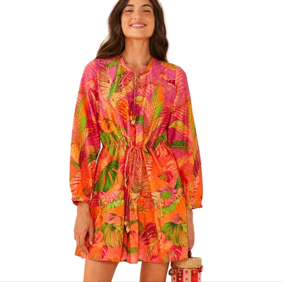 Farm RIO Orange Ombre Forest Tropical Floral Cotton Beaded Dress Small - Picture 1 of 16